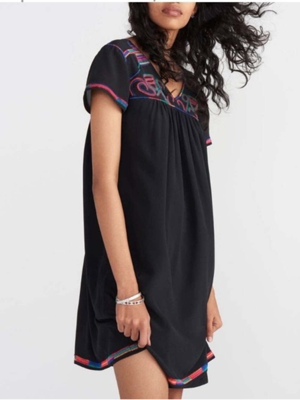 Madewell Black 100% Silk Embroidered Color Stitch Shift Dress XS